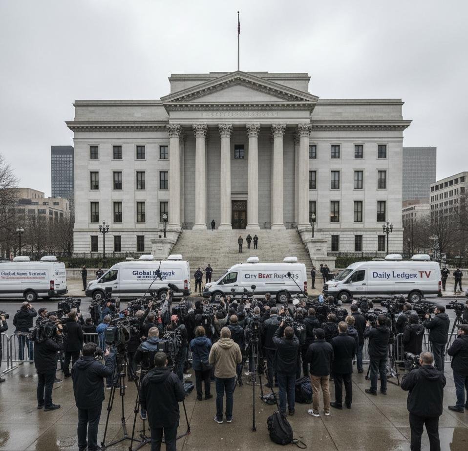 exterior photo with media presence, framed wide to avoid turning a person’s worst day into a close up