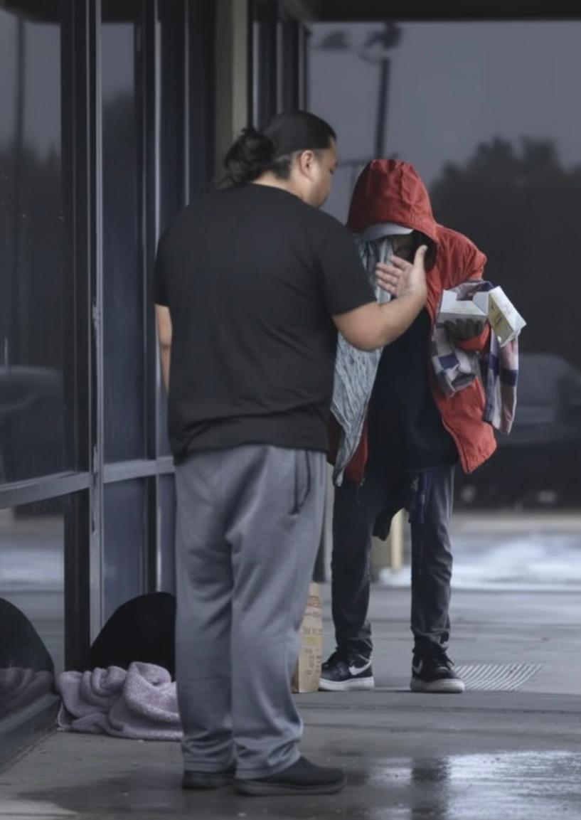 Christmas Eve moment that shows the jacket being handed over, framed wide to avoid turning distress into a close-up